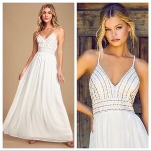 Lulus Meet Me in Madrid White Beaded Maxi Dress